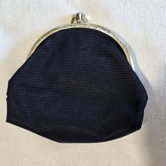 Vtg Nipon Black Micro Mini Clutch Coin Purse Mirror Gold Clam Ribbed 40s Minimal - Picture 4 of 9